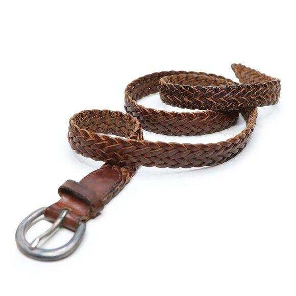 Vintage Fossil Brown Braided Leather Belt Silver Round Buckle Dark Academia LG - Picture 2 of 11